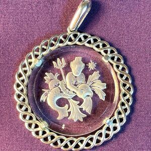 Vintage Etched Glass Zodiac Aquarius Pendant  & Necklace signed Crown TRIFARI